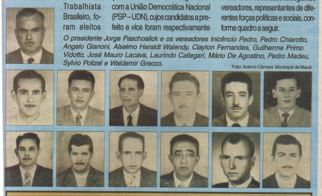 Fotografia da 1ª bancada de vereadores eleita em 1954. Jornal de Mauá. Acervo Museu Barão de Mauá